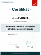 Certifikát na servis rekuperačních jednotek Zehnder